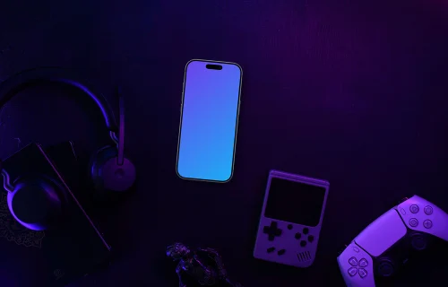 Smartphone mockup amid gaming gear