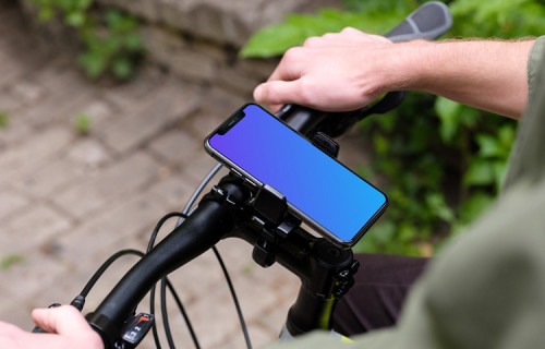 Standing on a bike with iPhone 11 Pro mockup in bike mount