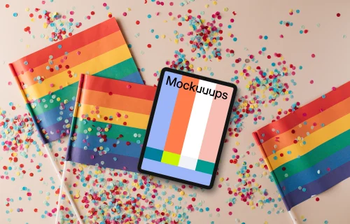 Tablet mockup among LGBT flags