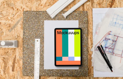 Tablet mockup at architect's workstation