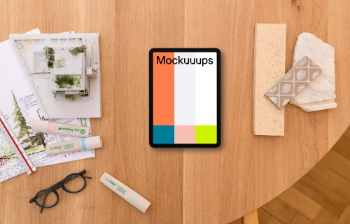 Tablet mockup on an architect's workspace