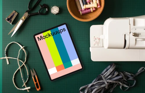 Tablet mockup on green work mat