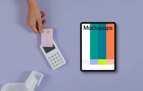 Tablet mockup on purple background with payment terminal and credit card