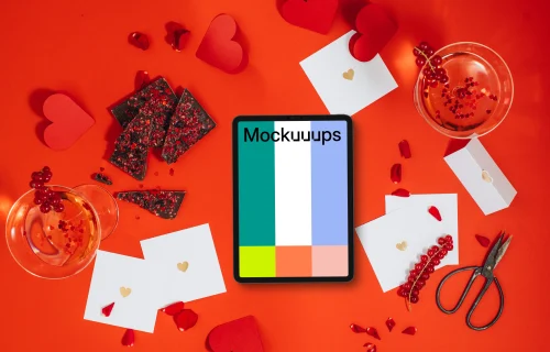 Tablet mockup on red Valentine's day background