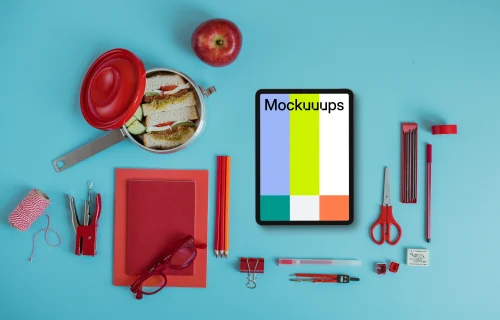 Tablet mockup with a lunch box on the side