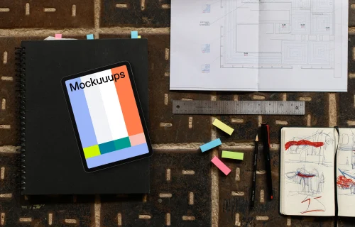 Tablet mockup with architectural blueprint and sketchbook