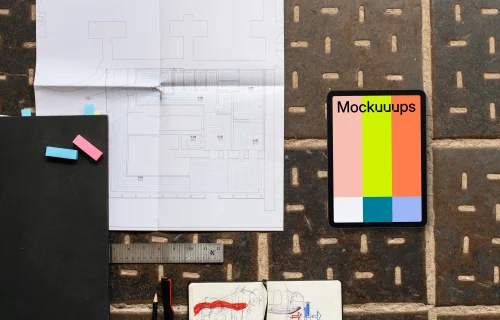 Tablet mockup with architectural plans