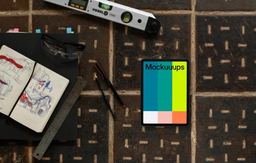 Tablet mockup with architectural tools and sketches