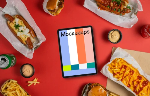 Tablet mockup with fast food around
