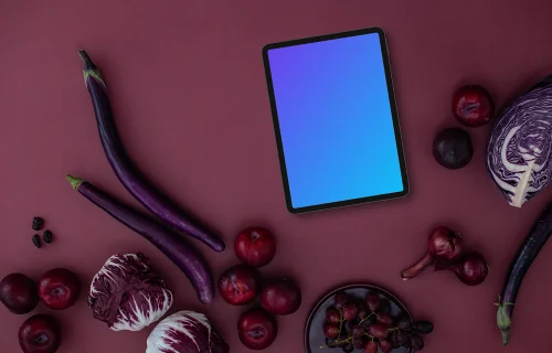 Tablet mockup with food in Viva Magenta color shade