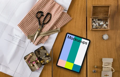 Tablet mockup with sewing scissors on the side
