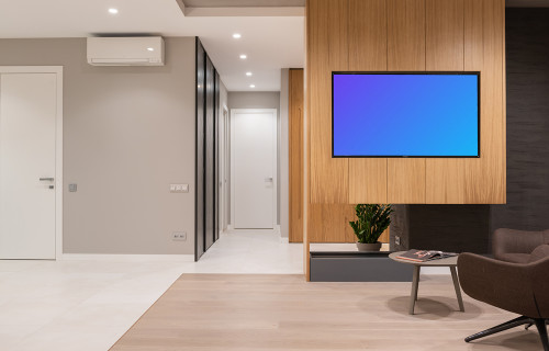 Television mockup built into wooden wall