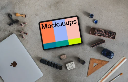 Top view of landscape tablet mockup in the artist atelier