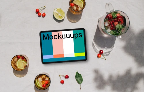 Top view of landscape tablet mockup next to the lime lemonade