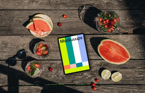 Top view of tablet mockup next to a watermeloon
