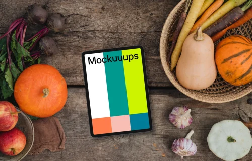 Top view of tablet mockup on the kitchen desk