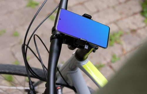 Up-close shot of Samsung S20 mockup in a bike mount