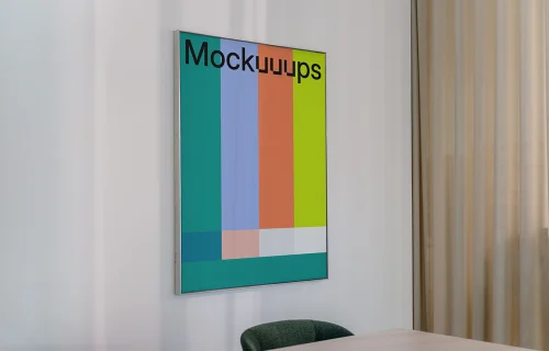 Vertical poster mockup in a modern meeting room
