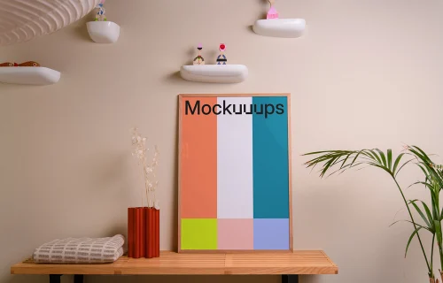 Vertical poster mockup on wooden console with decor