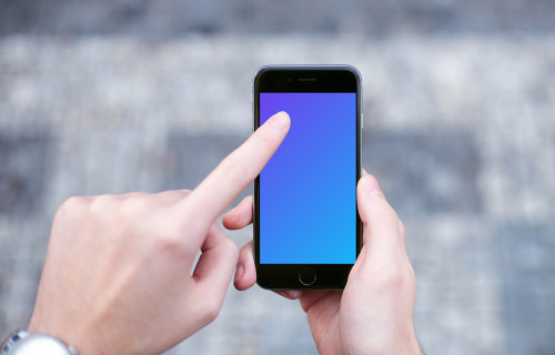 Walking and pointing to screen on iPhone 6 mockup