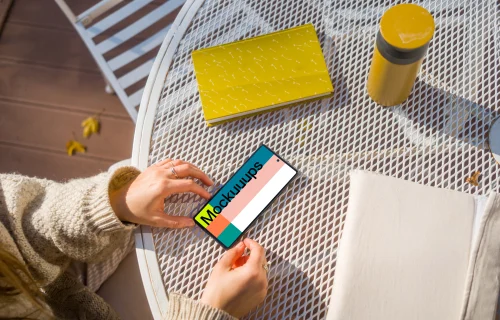 Woman hands near Google Pixel 6 with bottle and notes mockup