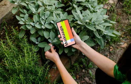 Woman holding a Google Pixel 6 mockup in garden theme
