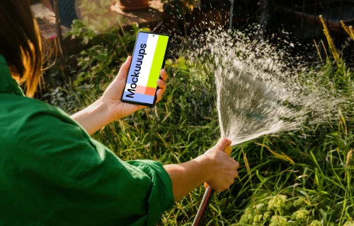 Woman holding a phone while watering grass mockup