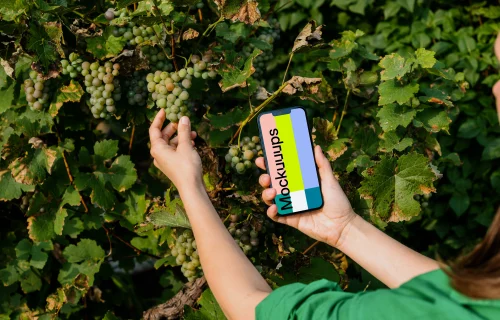 Woman holding an iPhone 13 mockup and taking grapes