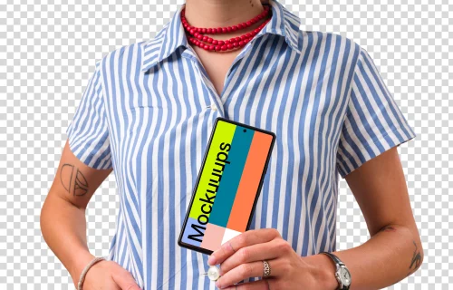 Woman holding Google Pixel mockup in one hand