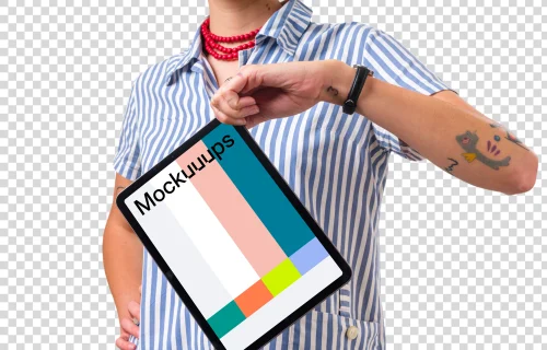 Woman holding iPad mockup from the top