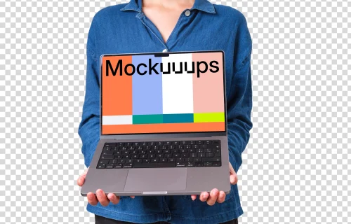 Woman in denim shirt holding MacBook mockup