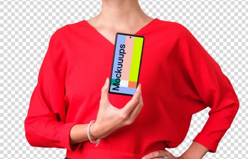 Woman in red shirt holding Google Pixel mockup in one hand