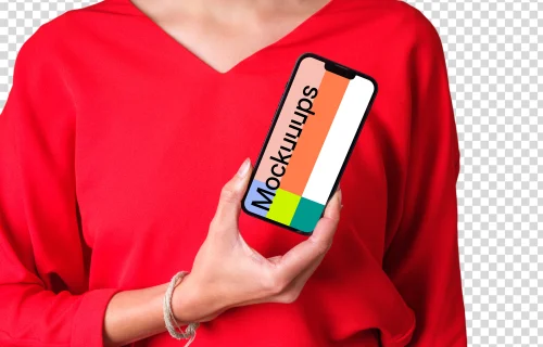 Woman in red shirt holding iPhone mockup in one hand