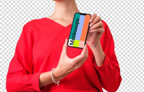 Woman in red shirt holding iPhone mockup with both hands