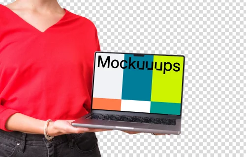 Woman in red shirt holding MacBook mockup from the side