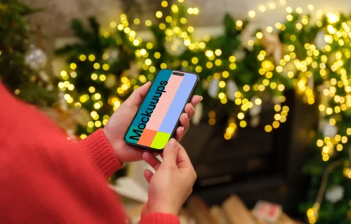 Woman in red sweater holding a smartphone mockup