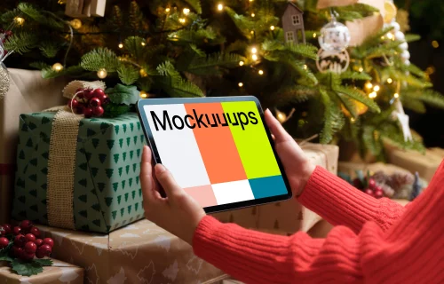 Woman in red sweater holding an iPad mockup