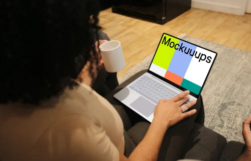 Woman working on Microsoft Surface laptop mockup
