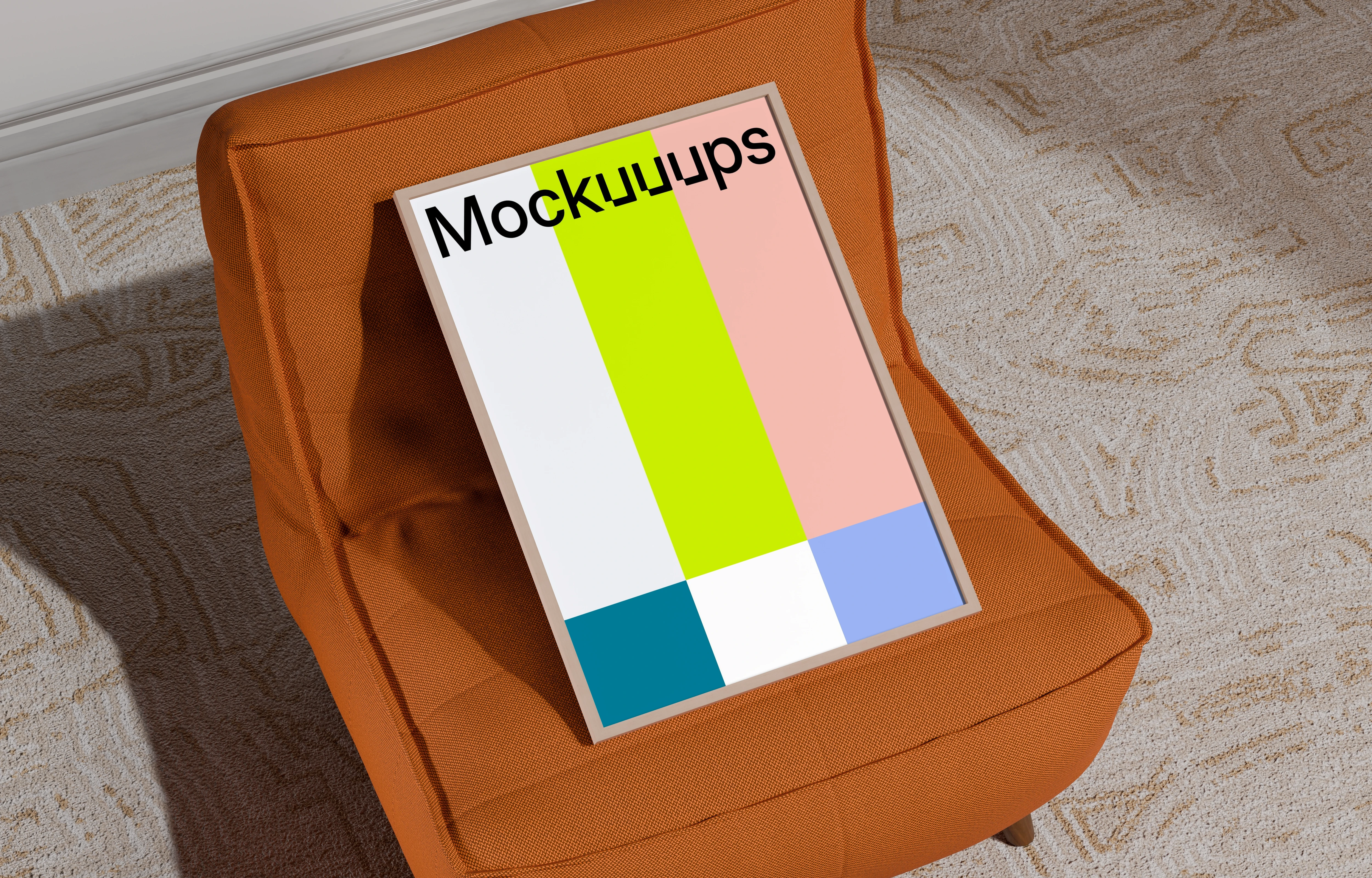 A3 frame mockup on an orange chair