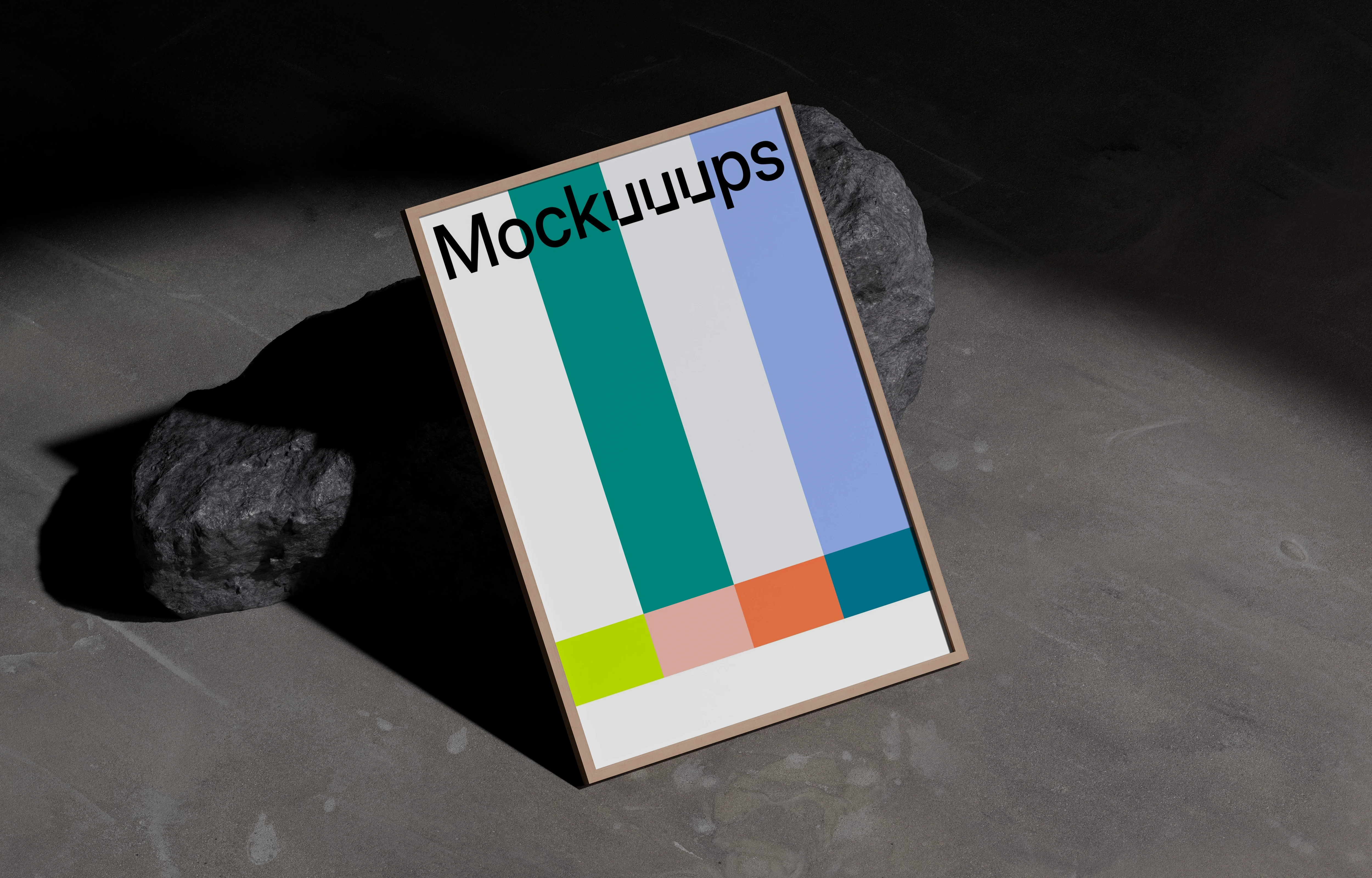 A3 poster mockup on a concrete floor with rocks