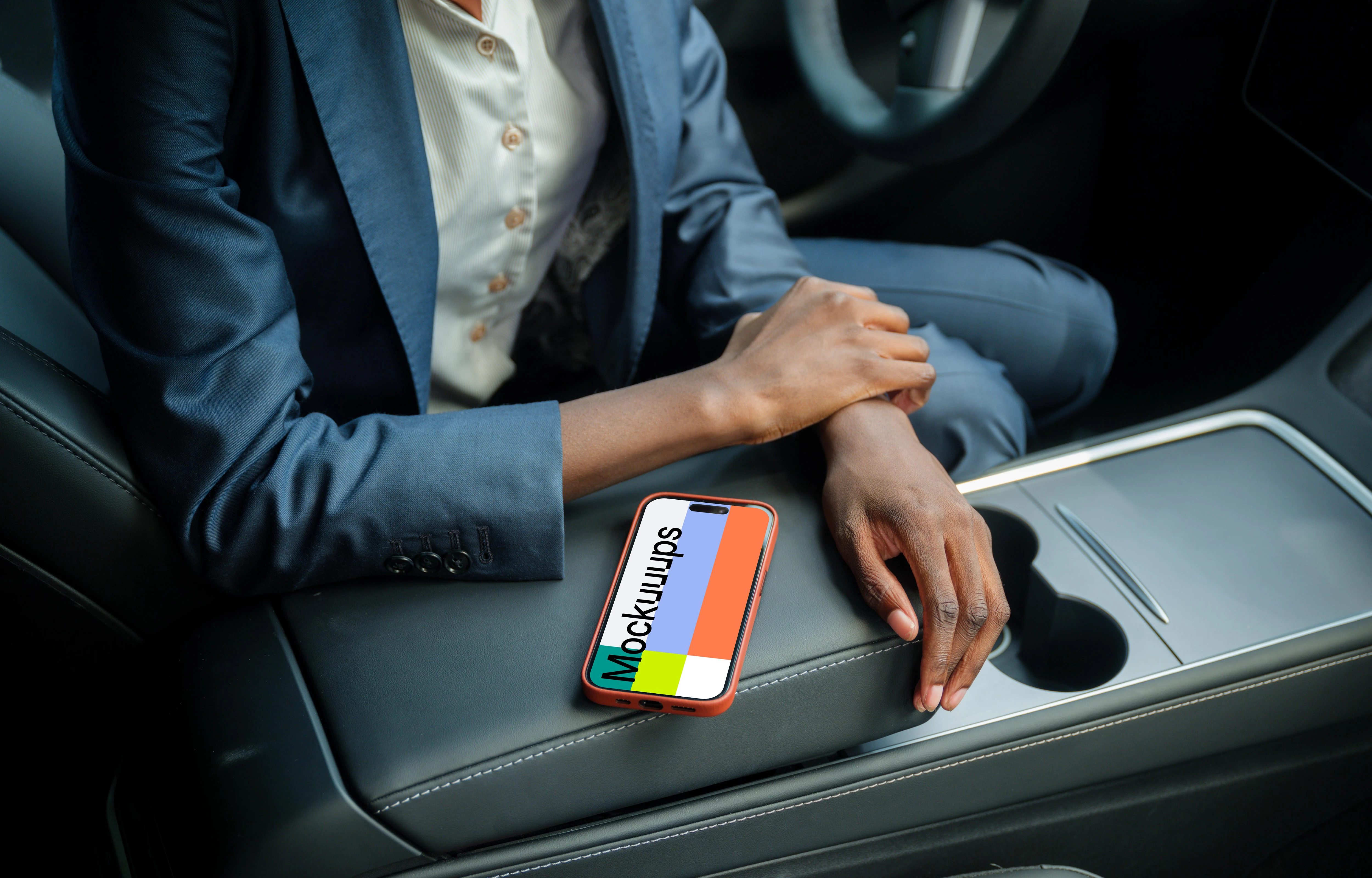 Businesswoman and iPhone mockup in Tesla