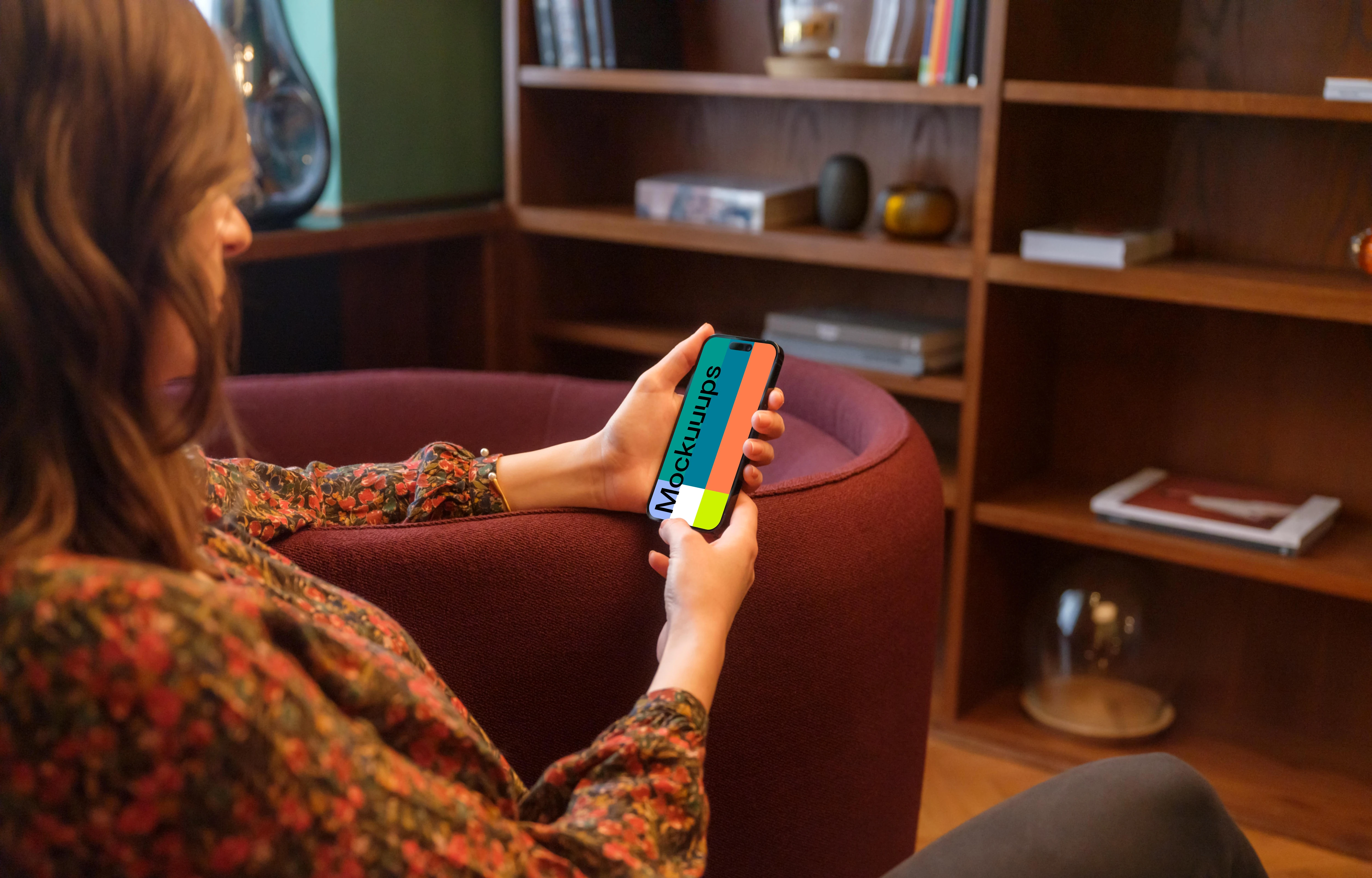 Cozy lounge setting and iPhone mockup