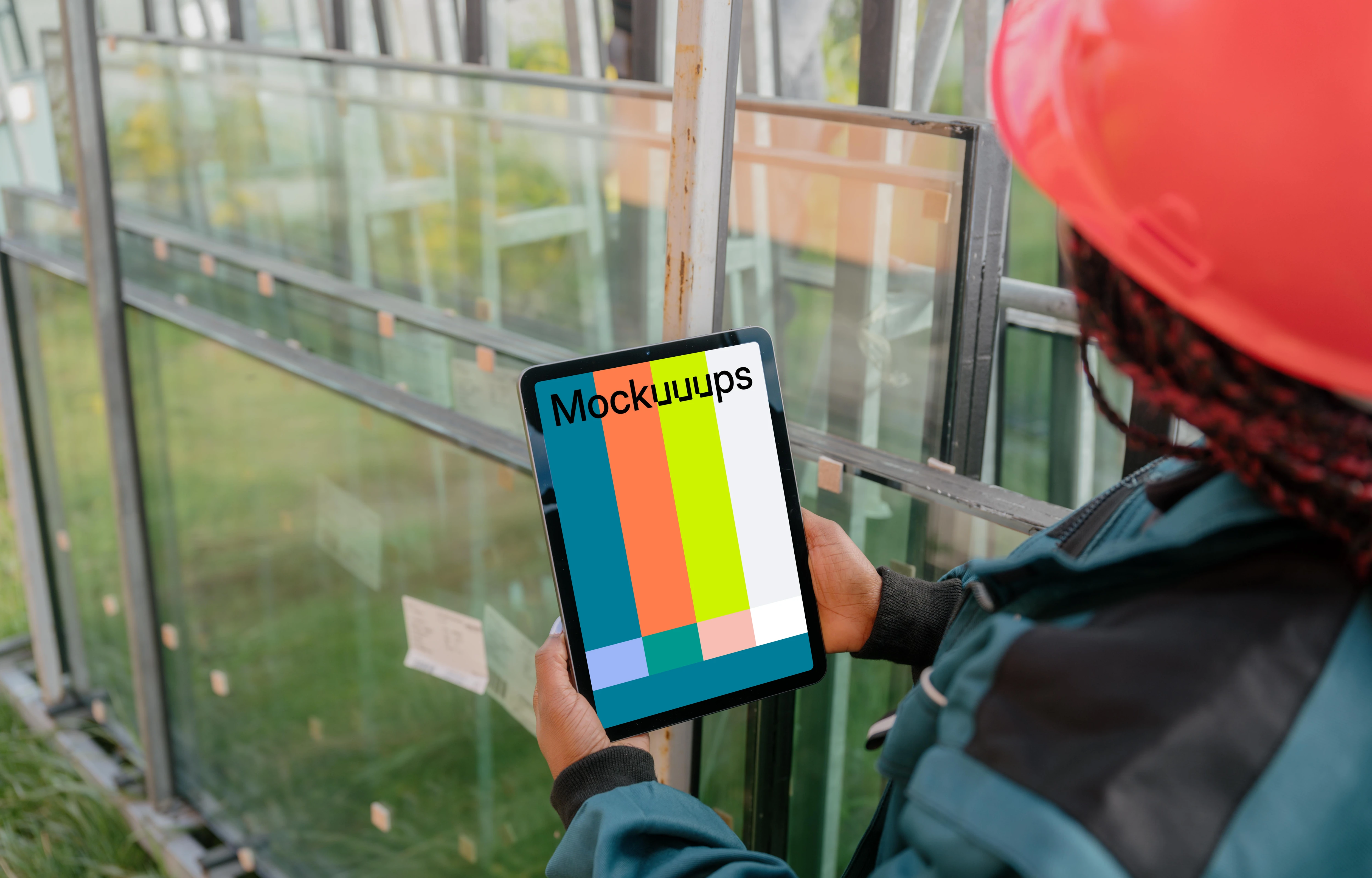 Female construction worker with an iPad in her hands