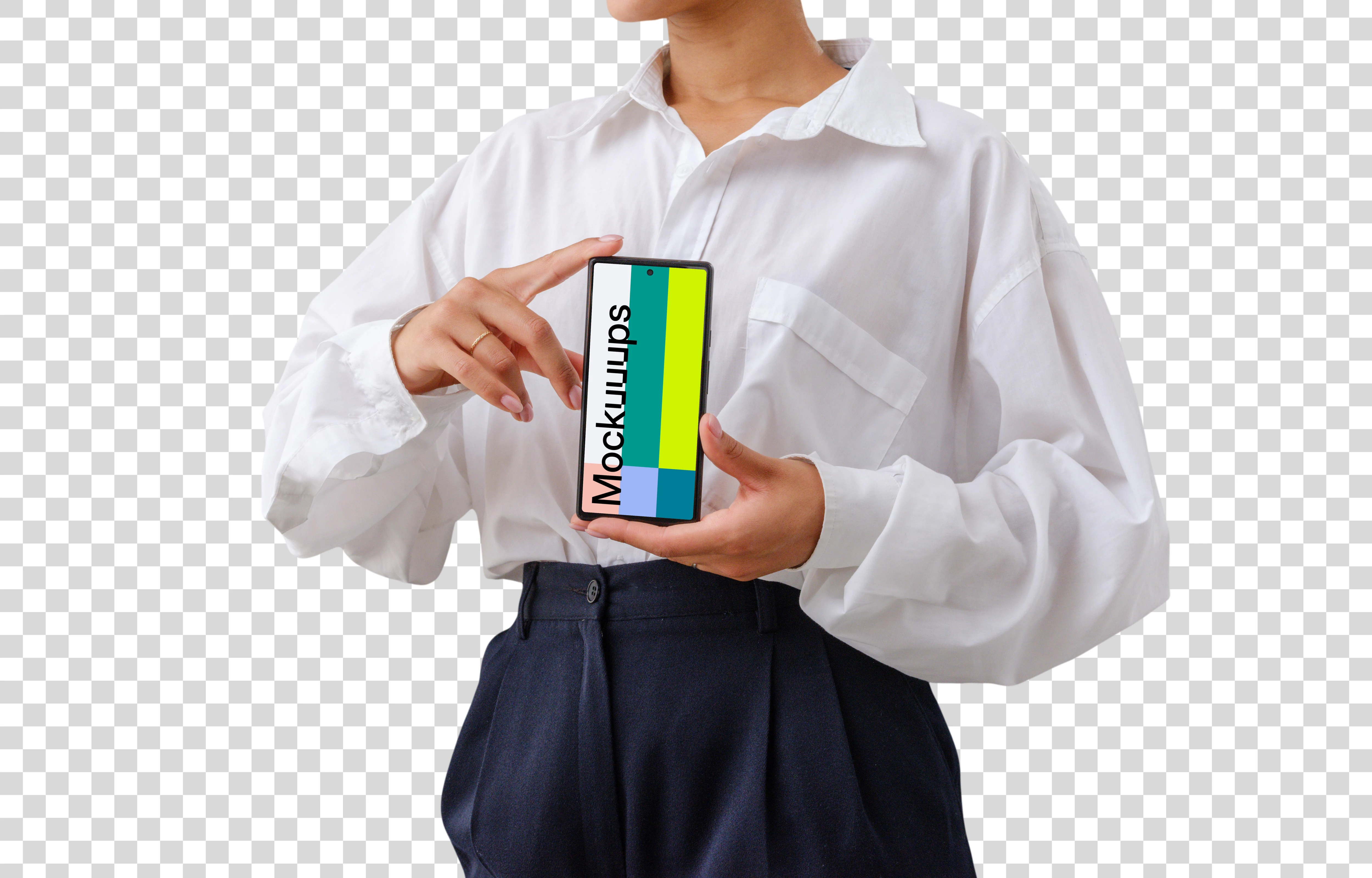 Female entrepreneur confidently holding a Google Pixel 6 mockup