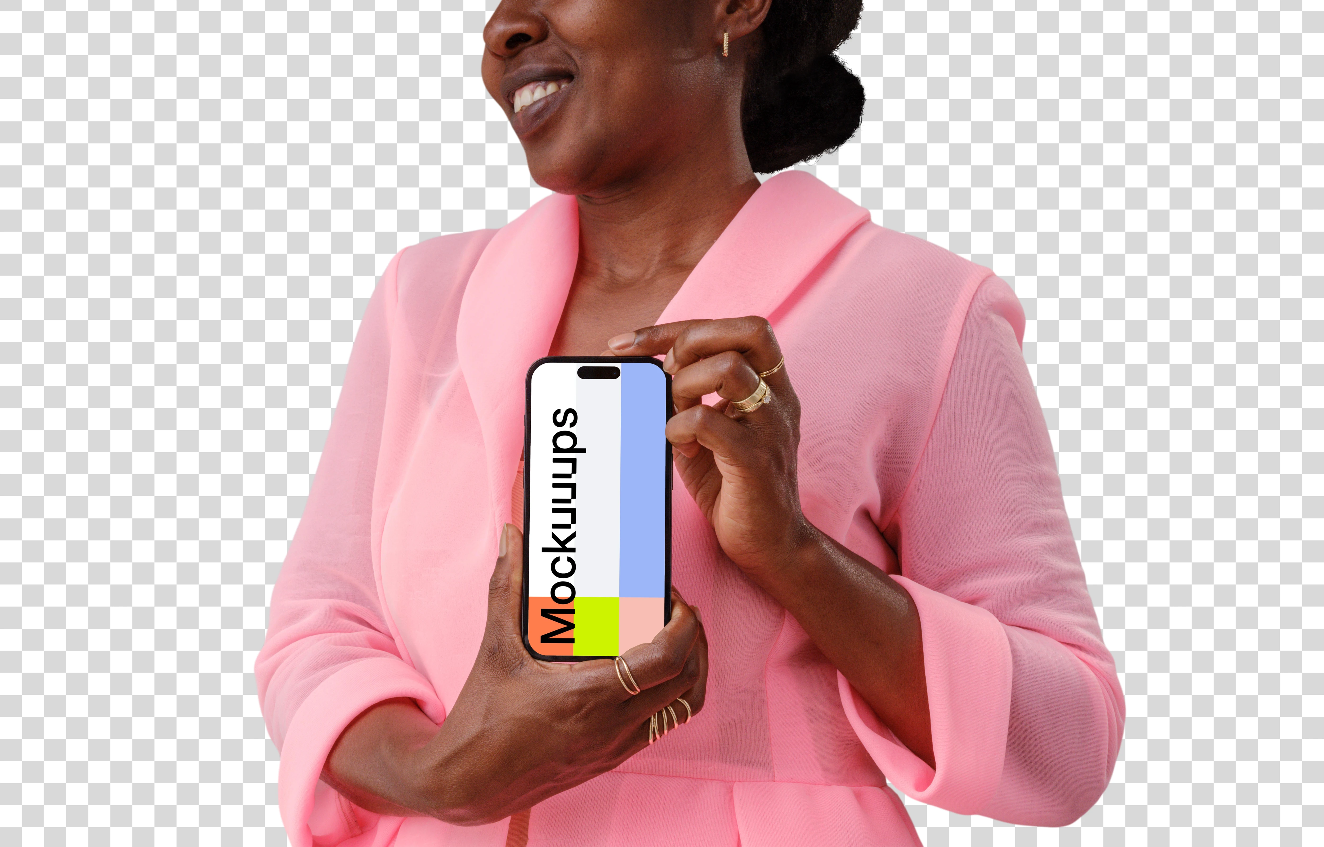 Female entrepreneur holding an iPhone 14 Pro mockup