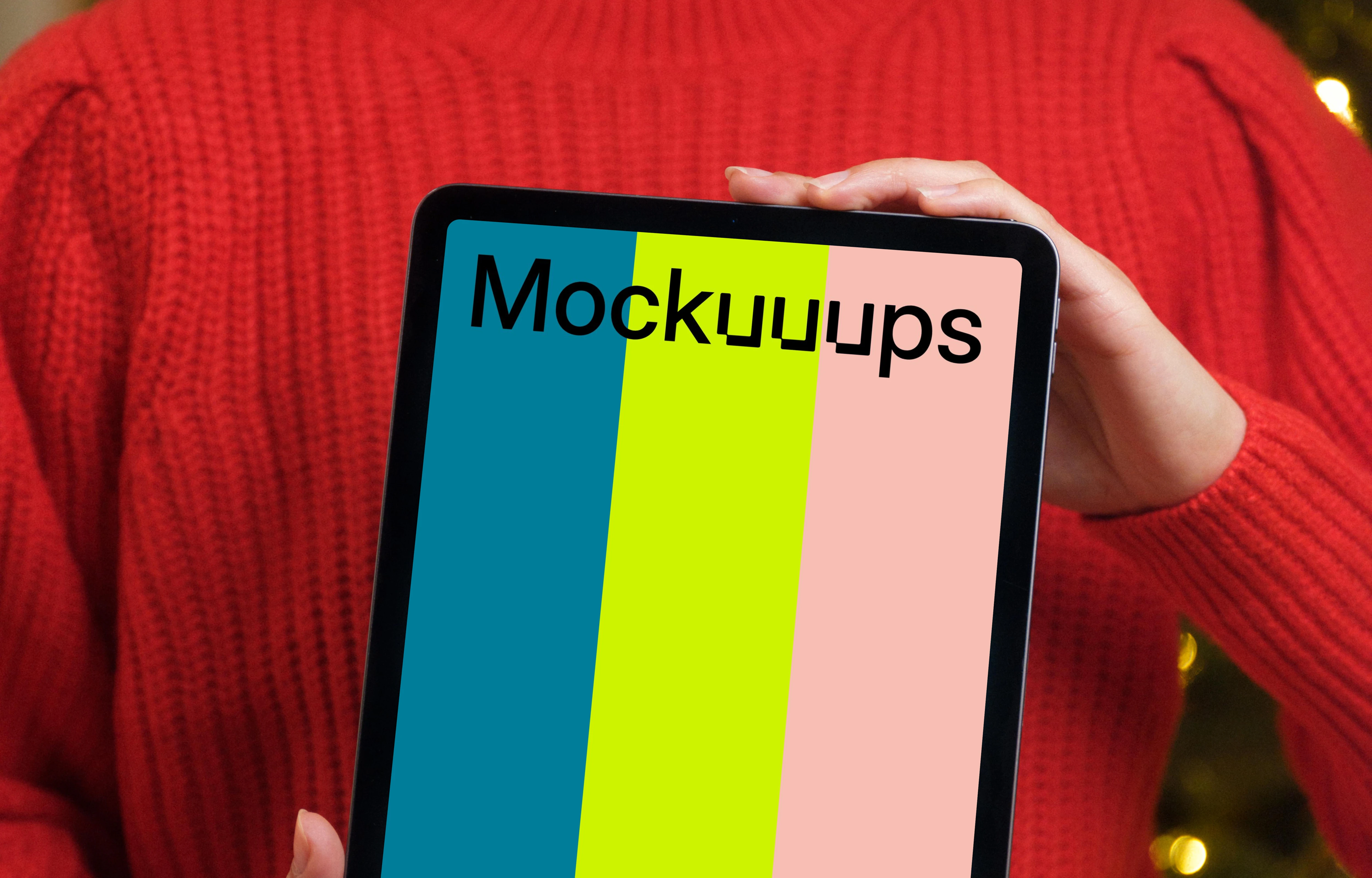 Female in red sweater holding an iPad Air mockup