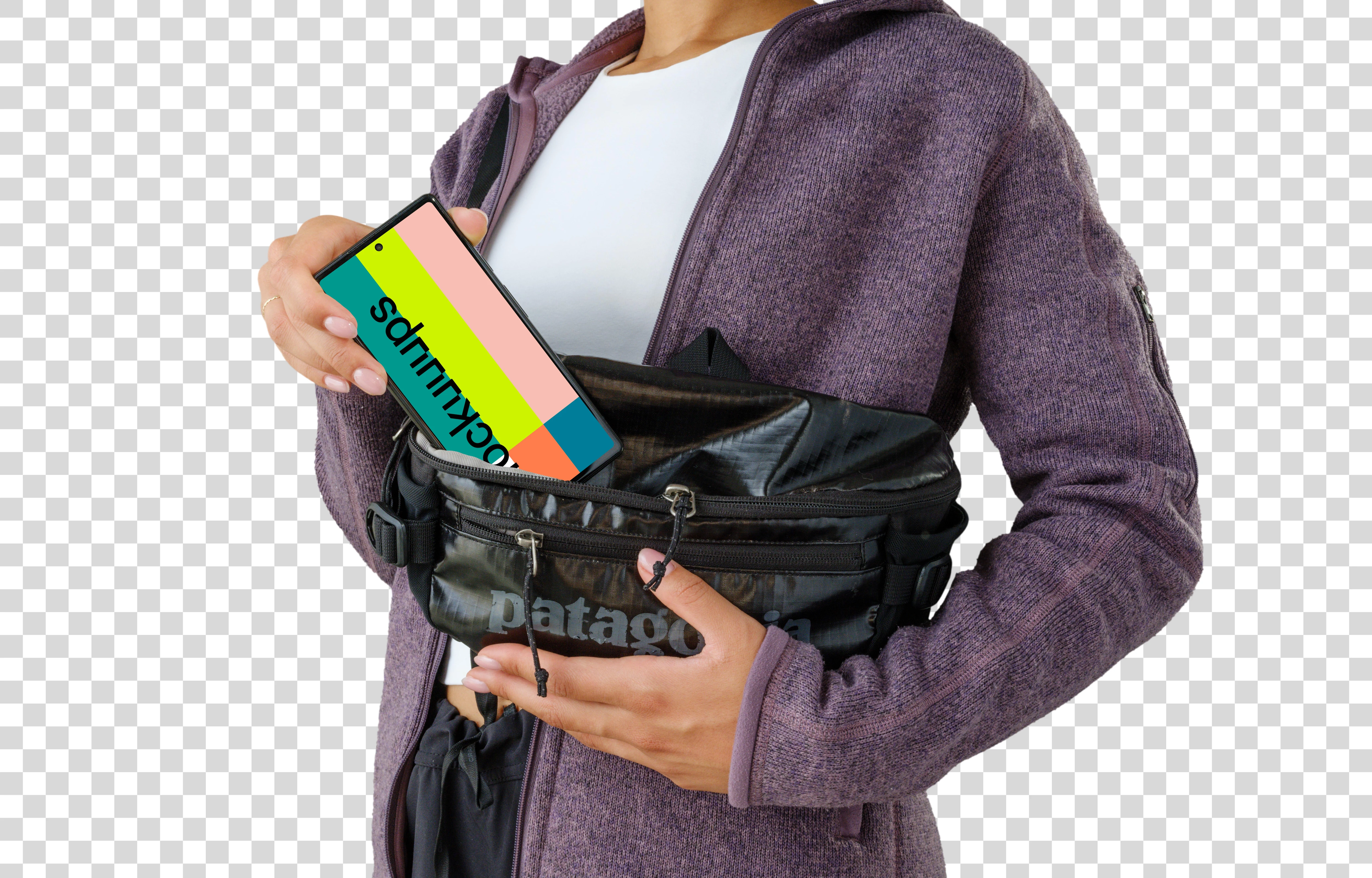 Female in sporty clothes holding a Google Pixel 6 mockup