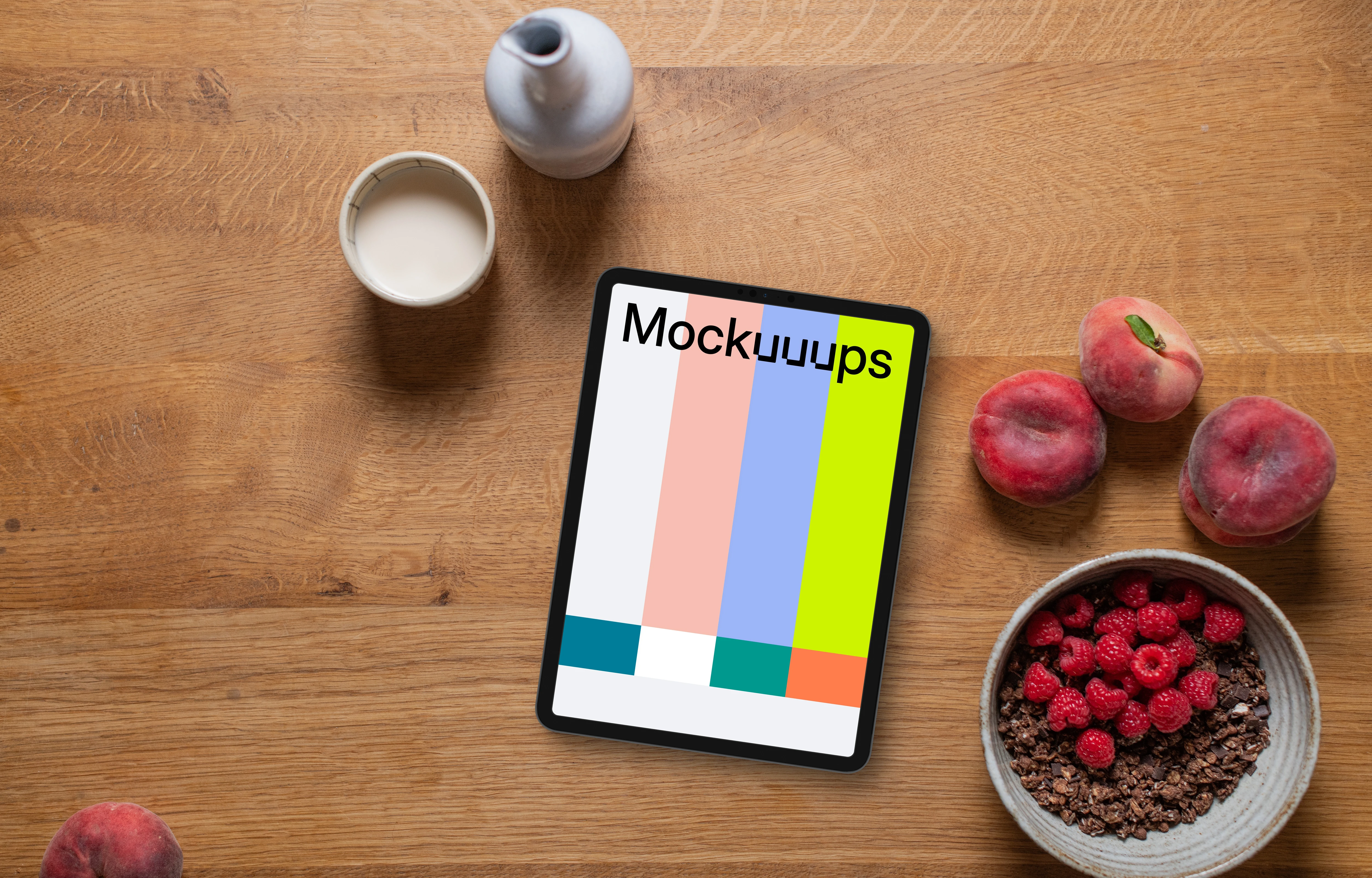 Fruits, milk and a iPad mockup