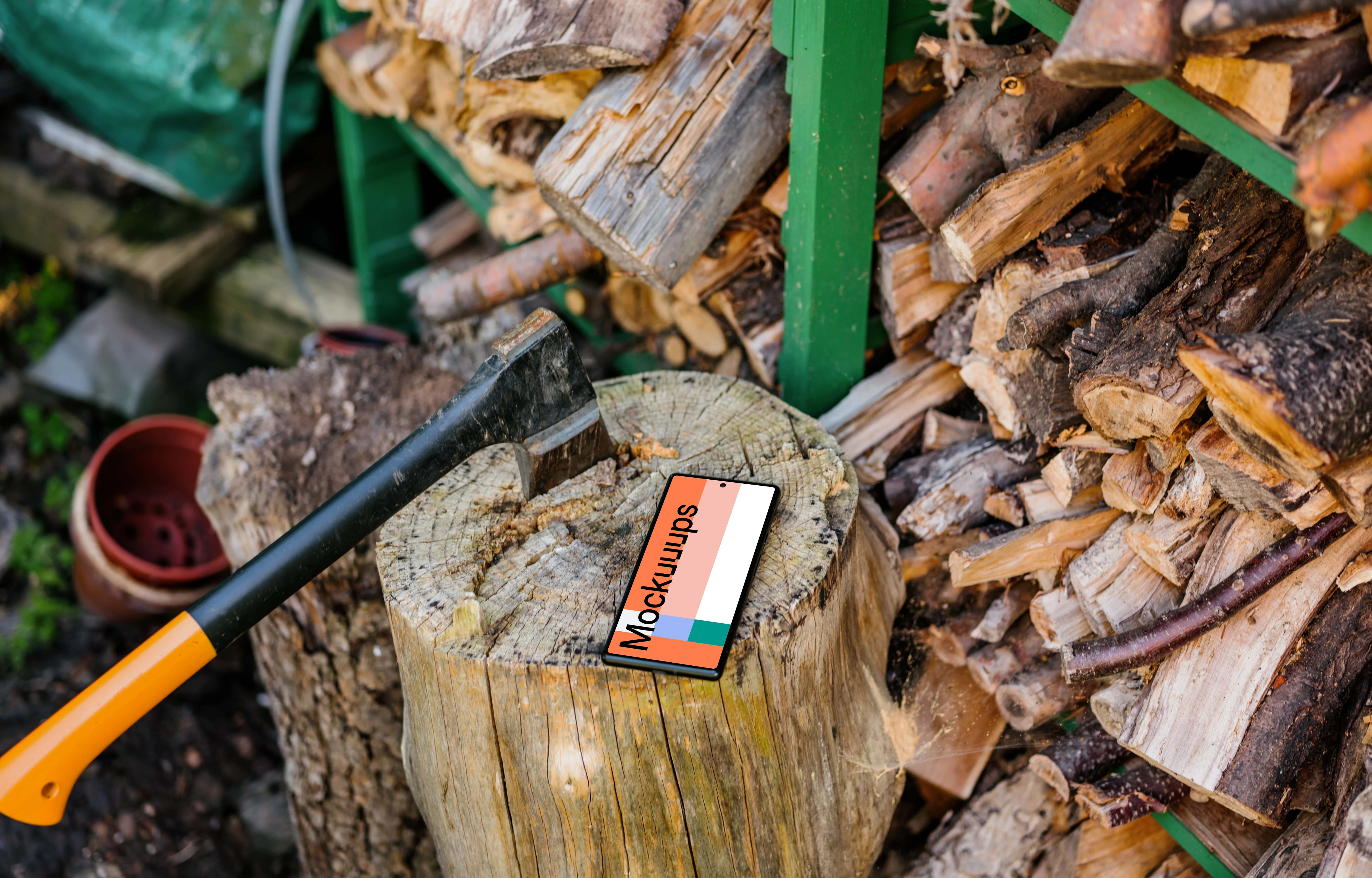 Google Pixel 6 mockup on a wooden stump