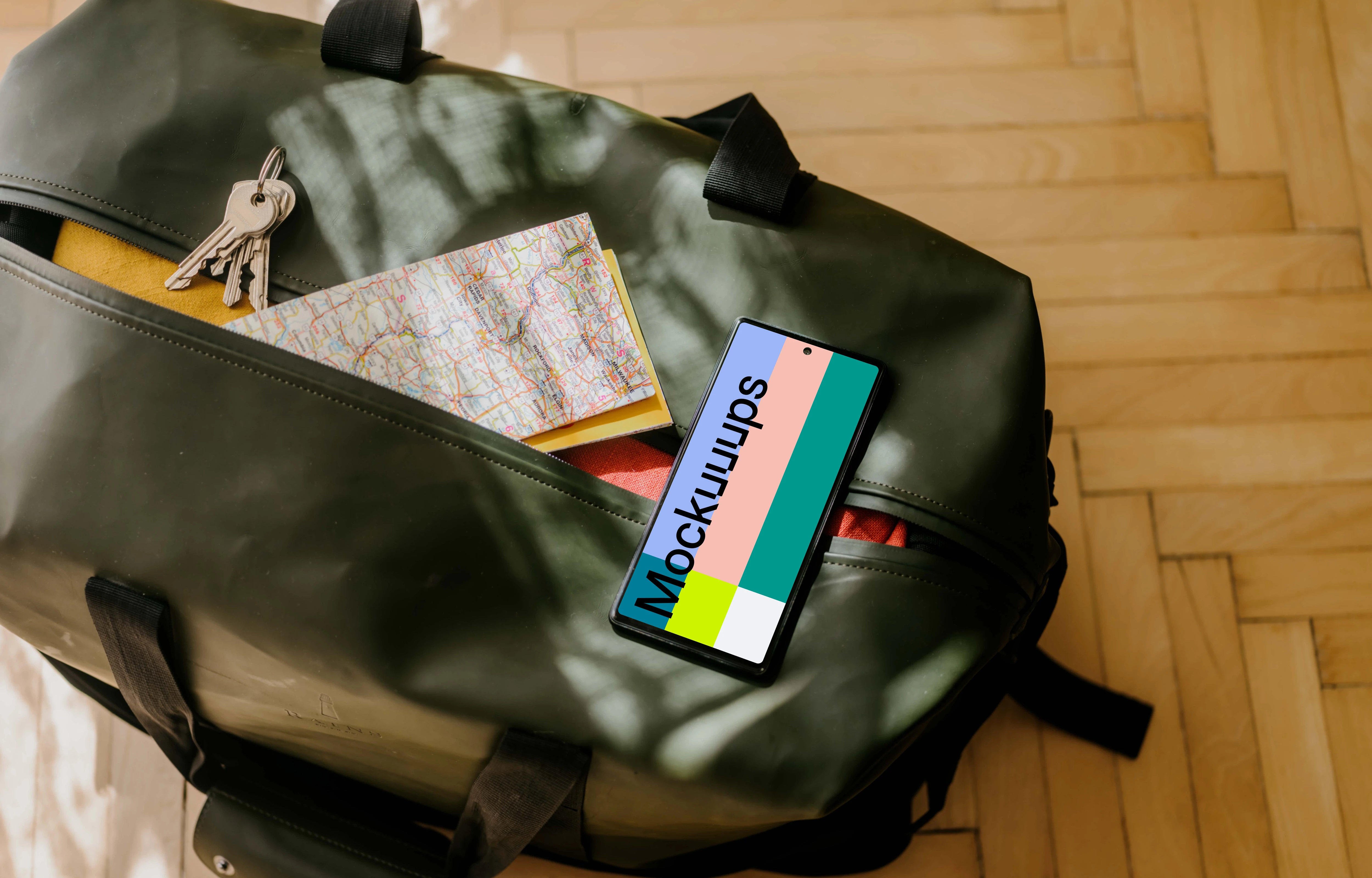 Google Pixel 6 mockup on travel bag